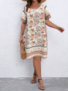 SHEIN LUNE 大碼印花直筒連衣裙 - 杏色 - 查看 4