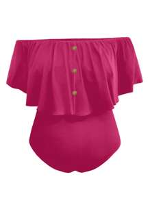 SHEIN LUNE 大碼一字肩荷葉邊紐扣細節連身背心 - 玫紅色 - 查看 1