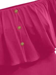 SHEIN LUNE 大碼一字肩荷葉邊紐扣細節連身背心 - 玫紅色 - 查看 3