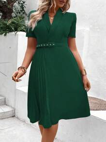 SHEIN Clasi Talla grande Vestido con cinturón bajo fruncido - Verde Oscuro - Ver 3