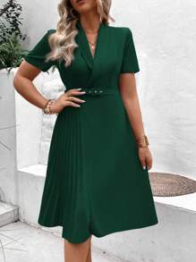 SHEIN Clasi Talla grande Vestido con cinturón bajo fruncido - Verde Oscuro - Ver 6