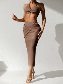 SHEIN Allurite Twist Front Halter Top & Skirt - Brown - View 5