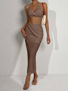 SHEIN Allurite Twist Front Halter Top & Skirt - Brown - View 6