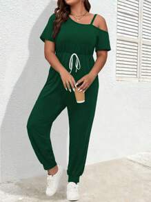 Calvaya 大碼不對稱領前打結T恤連體褲 - 墨綠色 - 查看 1