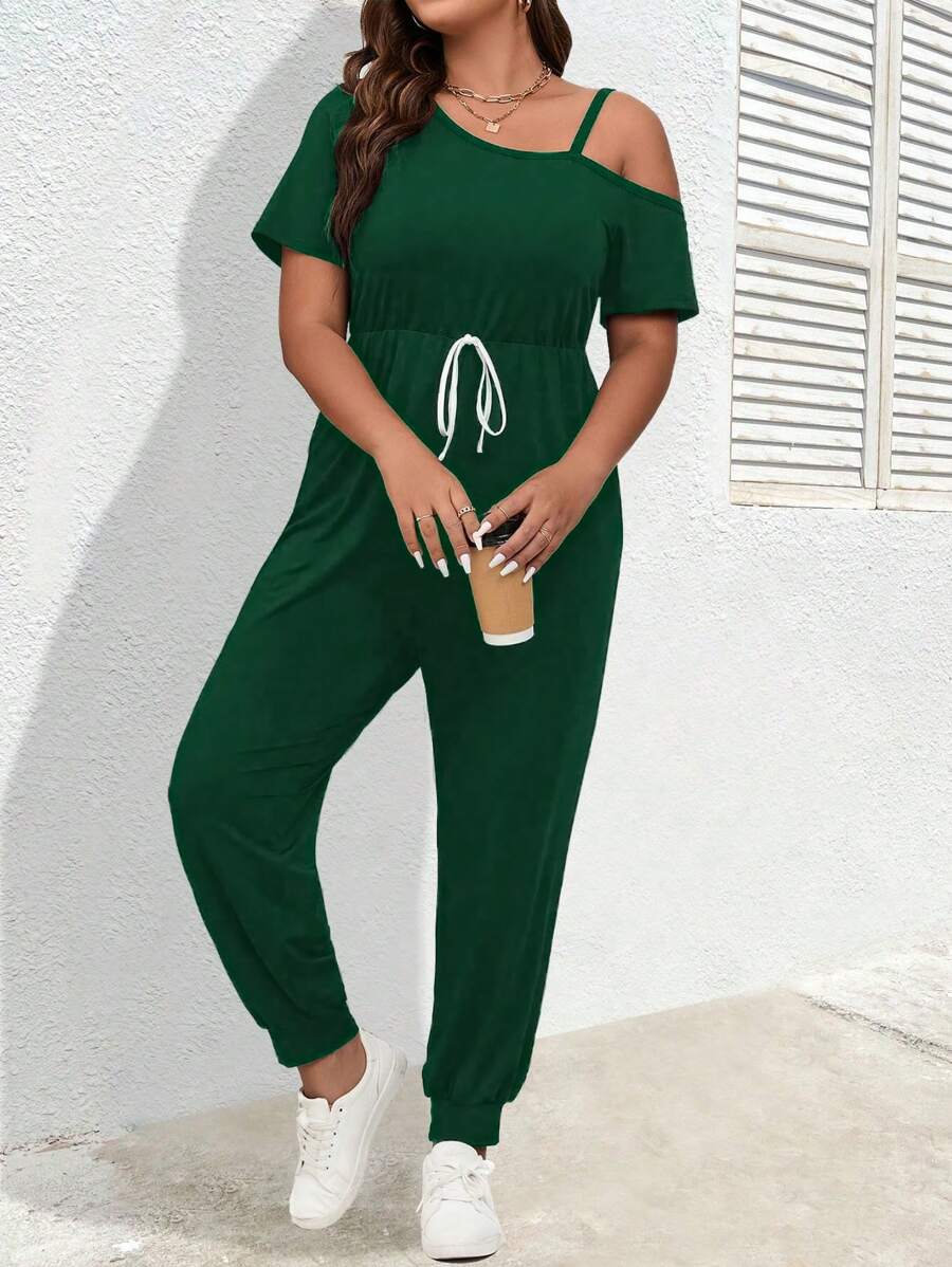 Calvaya 大碼不對稱領前打結T恤連體褲 - 墨綠色 - 查看 1