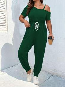 Calvaya 大碼不對稱領前打結T恤連體褲 - 墨綠色 - 查看 3