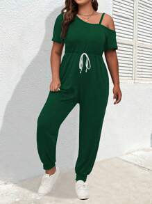 Calvaya 大碼不對稱領前打結T恤連體褲 - 墨綠色 - 查看 5