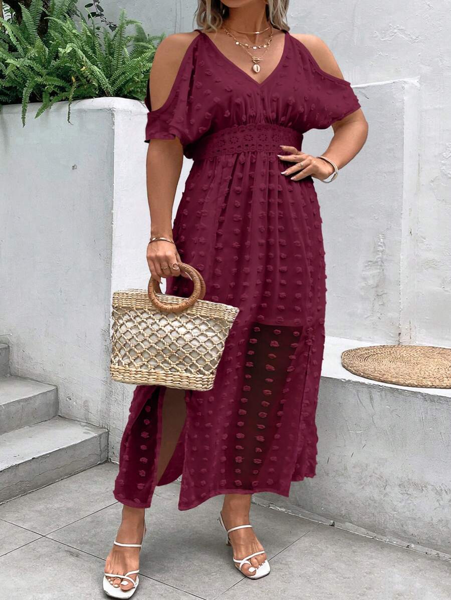 SHEIN LUNE 大碼圓點挖肩高衩連衣裙 - 酒紅色 - 查看 1