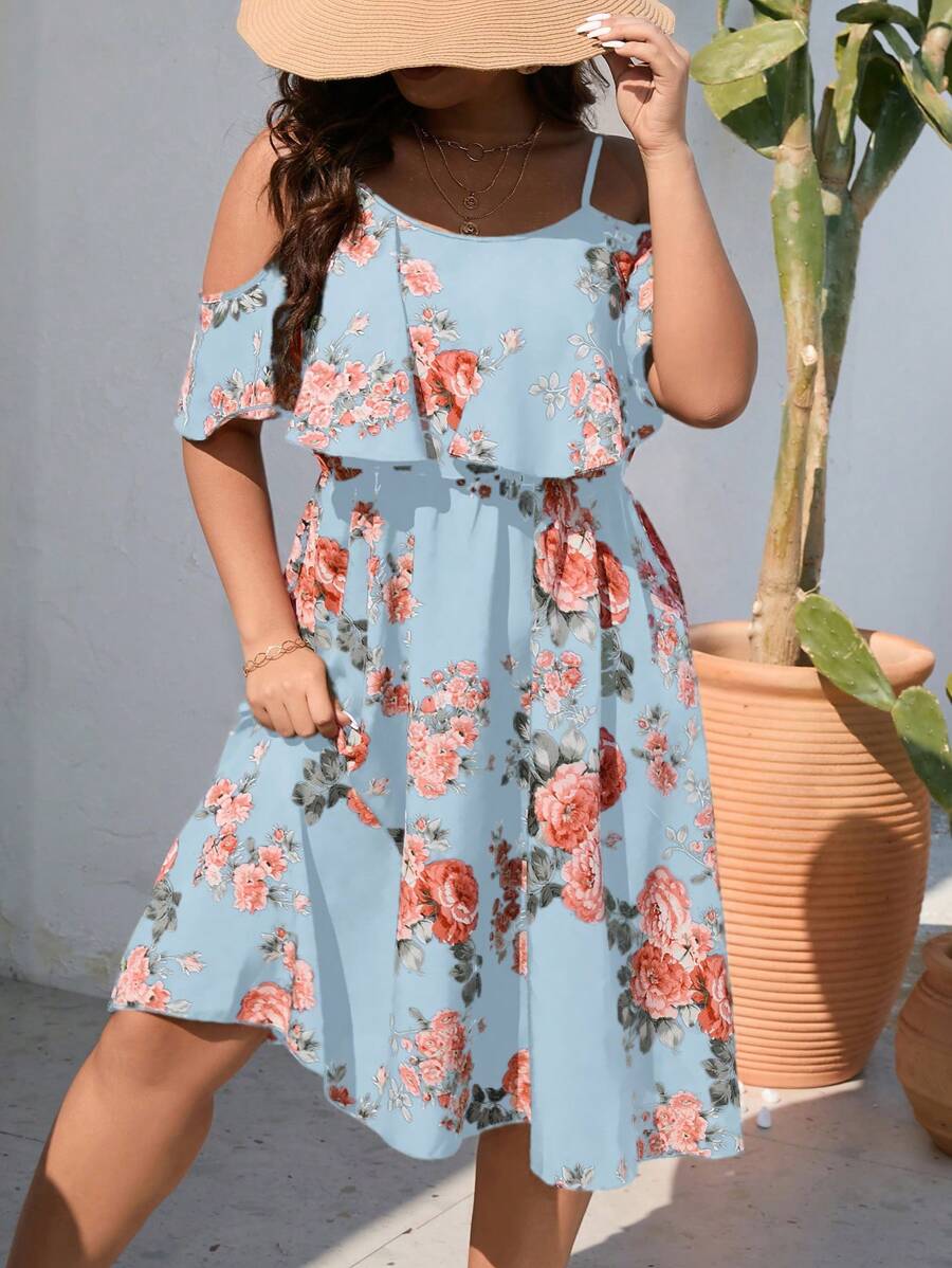 SHEIN Holidaya Hơn In hoa Vai lạnh Viền Ruffle Đầm - Màu xanh nhạt - Xem 1