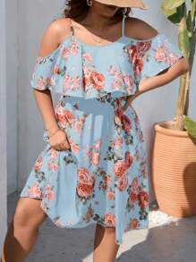 SHEIN Holidaya Hơn In hoa Vai lạnh Viền Ruffle Đầm - Màu xanh nhạt - Xem 3