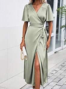 SHEIN Clasi 蝴蝶袖側打結圍裹緞面連衣裙 - 薄荷綠 - 查看 1