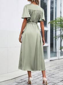 SHEIN Clasi 蝴蝶袖側打結圍裹緞面連衣裙 - 薄荷綠 - 查看 2