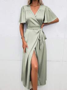 SHEIN Clasi 蝴蝶袖側打結圍裹緞面連衣裙 - 薄荷綠 - 查看 5