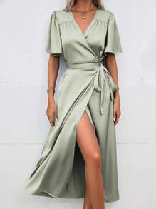 SHEIN Clasi 蝴蝶袖側打結圍裹緞面連衣裙 - 薄荷綠 - 查看 6