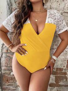 SHEIN Unity 大碼蕾絲拼接深V領連身背心 - 黃色 - 查看 4