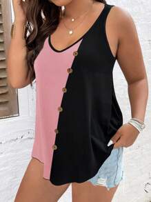 SHEIN LUNE Plus Two Tone Button Detail Tank Top
