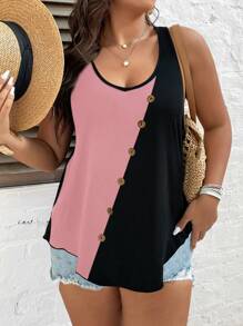 SHEIN LUNE Plus Two Tone Button Detail Tank Top