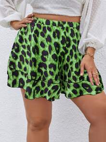 SHEIN Clasi Plus Leopard Print Ruffle Hem Shorts - Green - View 5