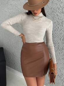 EURMUSE Suéter ajustado de cuello alto de unicolor de manga larga para mujer, otoño/invierno