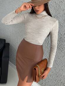 EURMUSE Suéter ajustado de cuello alto de unicolor de manga larga para mujer, otoño/invierno