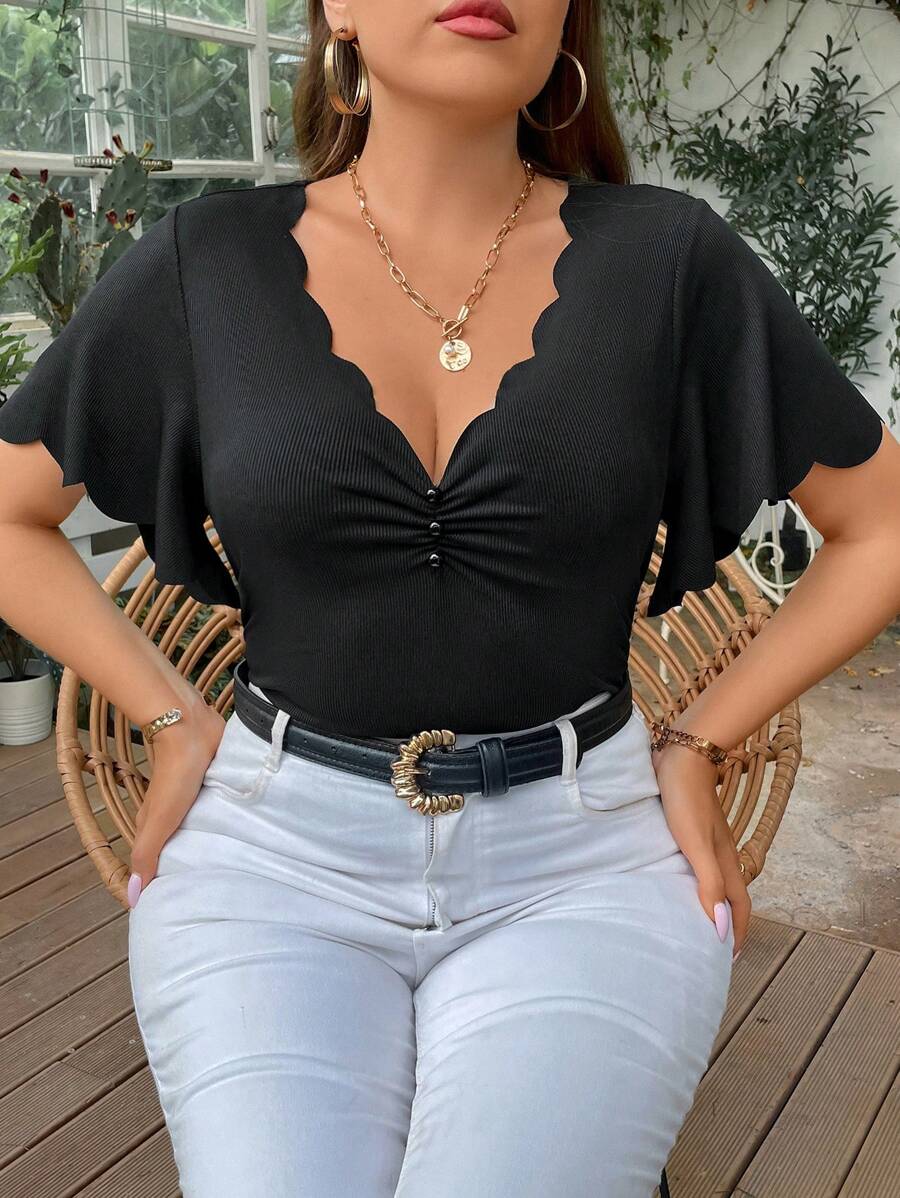 Celure Talla grande Camiseta ribete en abanico fruncido delantero de manga mariposa - Negro - Ver 1