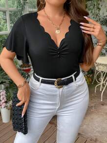 Celure Talla grande Camiseta ribete en abanico fruncido delantero de manga mariposa - Negro - Ver 4