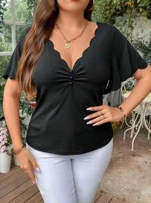 Celure Talla grande Camiseta ribete en abanico fruncido delantero de manga mariposa - Negro - Ver 7