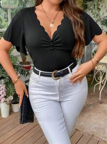 Celure Talla grande Camiseta ribete en abanico fruncido delantero de manga mariposa - Negro - Ver 8