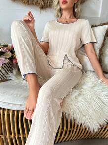 Tương phản ràng buộc Viền chia cắt Bộ áo Tee & quần Lounge - trắng - Xem 1