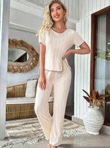 Tương phản ràng buộc Viền chia cắt Bộ áo Tee & quần Lounge - trắng - Xem 4