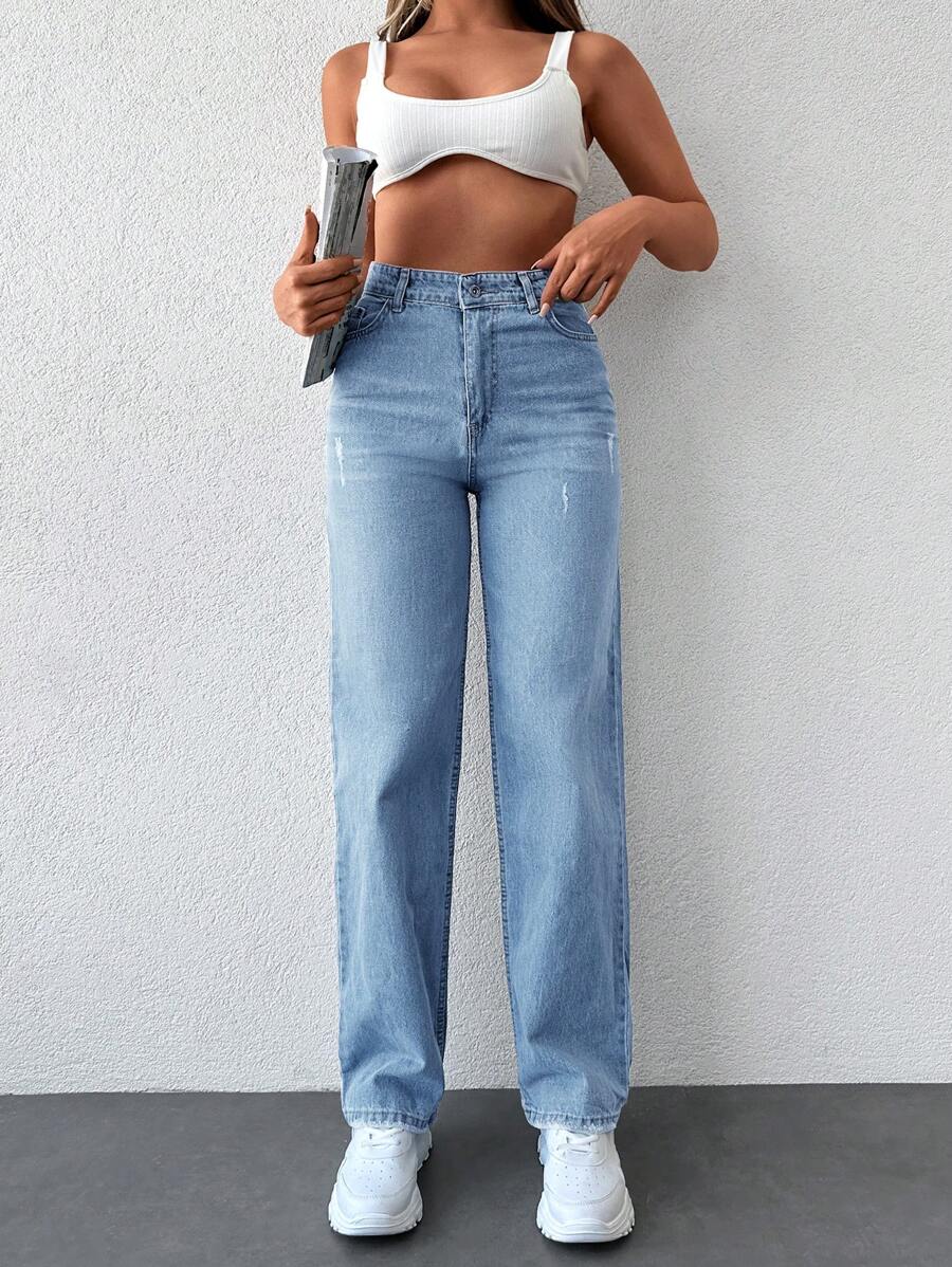Slant Pocket Straight Leg Jeans - Light Wash - View 1