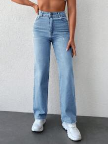 Slant Pocket Straight Leg Jeans - Light Wash - View 4