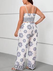 SHEIN LUNE 大碼圖案印花吊帶上衣和闊腿褲 - 白色 - 查看 2