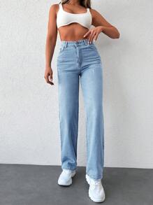 Slant Pocket Straight Leg Jeans - Light Wash - View 6