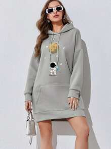 SHEIN Essnce 宇航員印花袋鼠口袋落肩袖抽繩連帽洋裝 - 灰色 - 查看 1