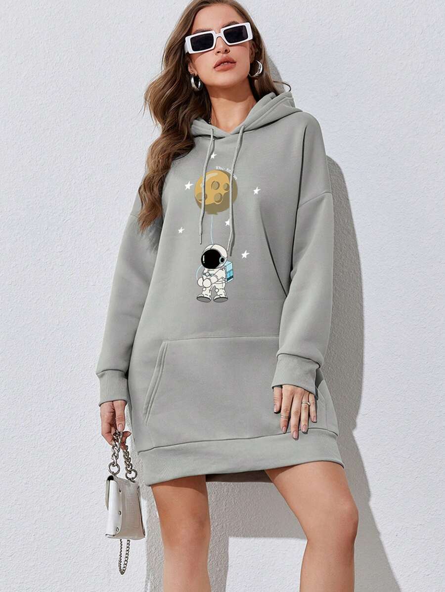 SHEIN Essnce 宇航員印花袋鼠口袋落肩袖抽繩連帽洋裝 - 灰色 - 查看 1