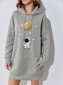 SHEIN Essnce 宇航員印花袋鼠口袋落肩袖抽繩連帽洋裝 - 灰色 - 查看 3