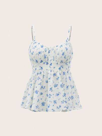SHEIN MOD Plus Size Women's Blue Ditsy Floral Camisole With Bow Tie Design On The Back, White
