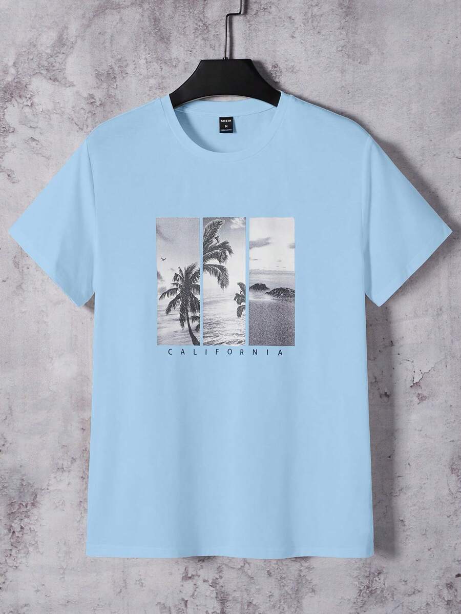 GENTILAND 男士字母和棕櫚樹印花T恤 - 淺藍色 - 查看 1