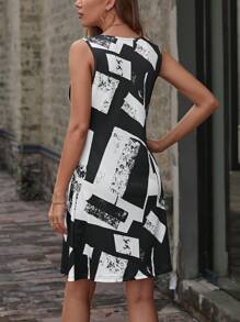 SHEIN LUNE Geo Graphic Tank Dress - Black and White - View 2