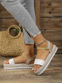Sandal đế dày dệt đa năng, sandal La Mã thời trang dành cho nữ với quai cài, sandal đế cao bằng dây thừng, sandal thoải mái cho kỳ nghỉ biển. - trắng - Xem 3
