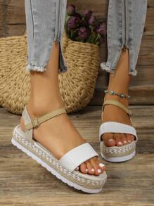 Sandal đế dày dệt đa năng, sandal La Mã thời trang dành cho nữ với quai cài, sandal đế cao bằng dây thừng, sandal thoải mái cho kỳ nghỉ biển. - trắng - Xem 4