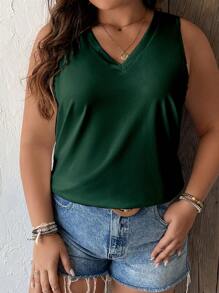 SHEIN LUNE Talla grande Top tank unicolor de cuello V - Verde Oscuro - Ver 4