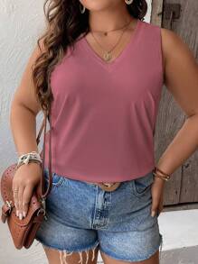 SHEIN LUNE 大碼素色V領背心上衣 - 粉色 - 查看 3