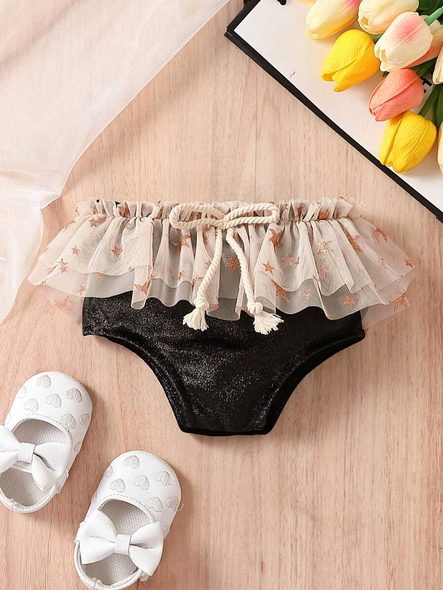 Baby Girl Star Pattern Contrast Mesh Shorts - Multicolor - View 1