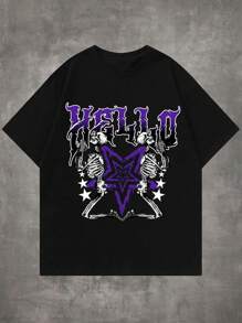 ROMWE MEN Grunge Punk 男士骷髏及字母圖案t恤 - 黑色 - 查看 1