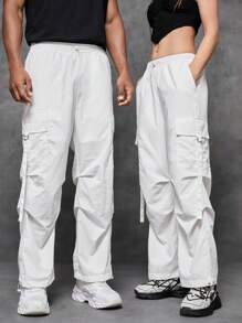 SWAVVY 1pc Flap Pocket Side Drawstring Waist Cargo Pants - White - View 1