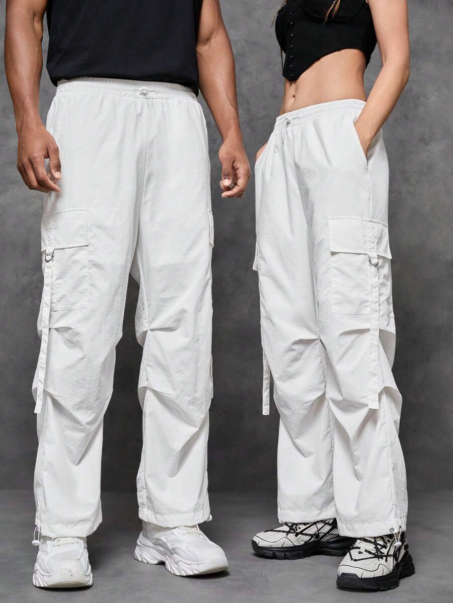 SWAVVY 1pc Flap Pocket Side Drawstring Waist Cargo Pants - White - View 1