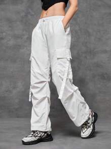 SWAVVY 1pc Flap Pocket Side Drawstring Waist Cargo Pants - White - View 4
