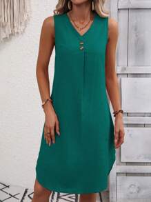 SHEIN LUNE 素色紐扣細節背心連衣裙 - 水鴨藍 - 查看 5